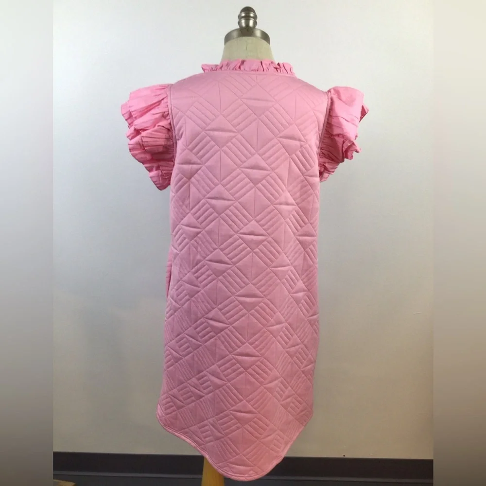 NWOT Pink Ruffle Sleeve Quilted Dress Midi, sz Large - Picture 3 of 11